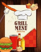 Menú grill con sombrero de chef y deliciosa comida en fondo de madera vector