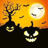 pumpkins with bats flying in halloween scene vector