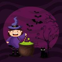 cute girl disguised of witch in scene halloween vector