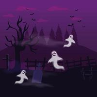 fantasmas misterios con tumba en escena halloween vector