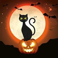 gato en calabaza de halloween en la noche oscura vector