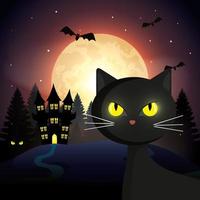 gato con castillo embrujado en escena de halloween vector