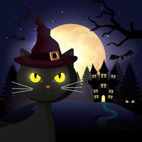 gato con castillo embrujado en escena de halloween vector