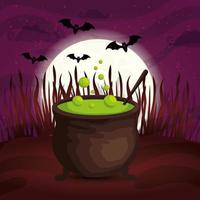 cauldron with bats flying in scene halloween vector