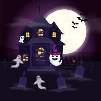 haunted house with ghosts in scene halloween vector