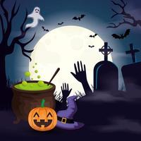 cauldron with pumpkin and icons in scene halloween vector