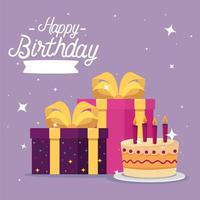 feliz cumpleaños pastel y regalos diseño vectorial