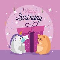 unicornio y gato con diseño de vector de feliz cumpleaños