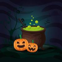 pumpkins with cauldron in scene halloween vector