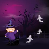 cute girl disguised of witch in scene halloween vector