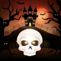 skull dead with haunted castle in halloween scene vector