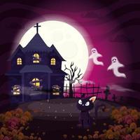 casa embrujada con gato en escena halloween vector