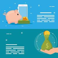 set of smartphone with bag money and icons vector
