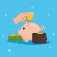 hand with piggy bank and wallet vector