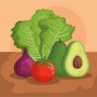 lechuga aguacate cebolla y tomate diseño vectorial vector