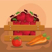 Fruits and vegetables inside wood box vector design