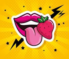 lips with strawberry pop art style vector