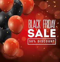 black friday poster and fifty percent discount with balloons helium decoration vector