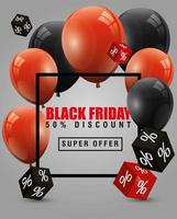 black friday poster and fifty percent discount with balloons helium decoration vector