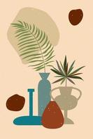 conjunto abstracto minimalista de jarrones con textura y hojas de palma. vector