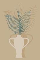 A minimalistic boho-style pattern with a vase and palm leaves. vector