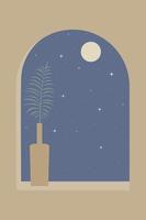 Abstract landscape in boho style with a window, vase, palm tree, moon. vector