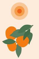 Minimalistic abstract landscape with tangerines and sun. vector
