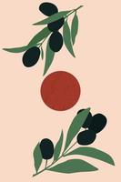Ilustración minimalista con ramas de olivo y el sol. vector