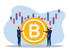 Team businessman holding bitcoin on stock market currency exchange. vector