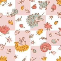 Autumn seamless pattern of hedgehogs on a checkered background vector