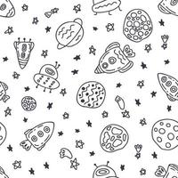 Doodle vector seamless pattern of rockets and planets in space