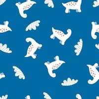 Vector seamless pattern of white dinosaurs and striped clouds