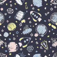 Night vector seamless pattern of rockets and planets in space