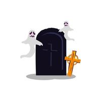 halloween ghosts with tomb and cross vector