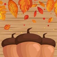 autumn leafs and nuts season in wooden pattern vector