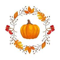 frame circular of autumn leafs with pumpkin vector