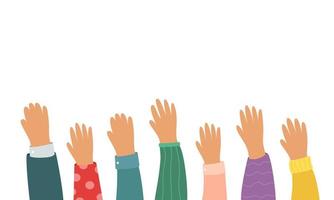 group human arms rising together. set of hands raised up vector