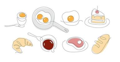 juego de desayuno de una línea línea continua comida huevos croissant arte lineal vector