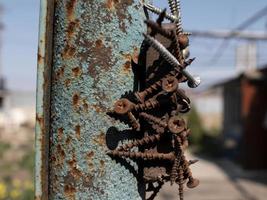 rusty screws on the magnet on the iron pole in the street photo