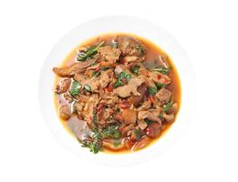 Thai spicy stir-fried duck and basil on white background photo