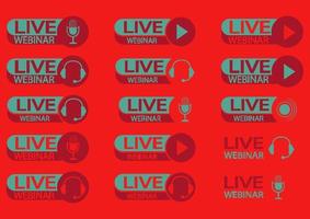 Live webinar button. Set of color symbols and buttons of live streaming, broadcasting, online stream. Webinar icons with headphones and microphone, isolated on red background vector