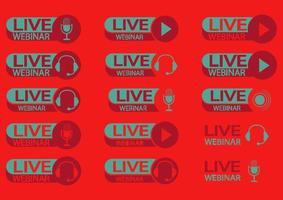 Live webinar button. Set of color symbols and buttons of live streaming, broadcasting, online stream. Webinar icons with headphones and microphone, isolated on red background vector