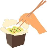 Wok noodles in brown box and hand holding chinese chopsticks vector