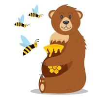 Brown smiling bear sits and holds a jug of honey vector