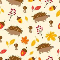 Autumn seamless pattern with hedgehog, leaves vector