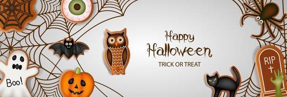 banner de feliz halloween con galletas de jengibre y telarañas vector