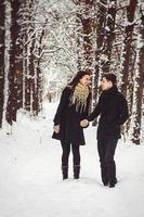 chico y una chica en ropa y bufandas en un paseo en el clima nevado foto