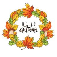 Autumn wreath with foliage and mushrooms vector