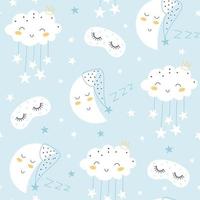 Seamless pattern with cute moon, stars, sleep mask and clouds. Vector