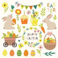 Set of Happy Easter,  with cute bunnies and flowers. Vector